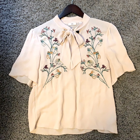 Little Moon Tops - Little Moon Cream Floral Embroidered Tie-Neck Blouse